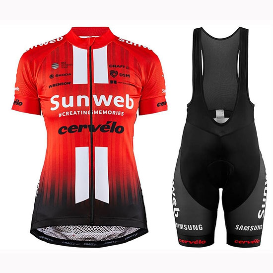 2019 Maillot Mujer Sunweb Tirantes Mangas Cortas Naranja Blanco